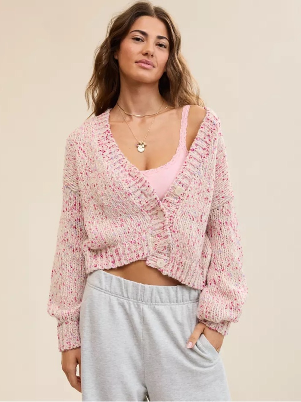 Aerie Pink Multi Confetti Space Dye Chunky Knit Cardigan Sweater Size XS